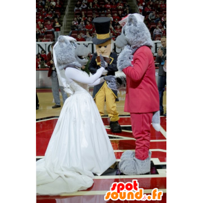 2 mascotes lobos cinzentos vestidas em vermelho e branco - MASFR20663 - lobo Mascotes