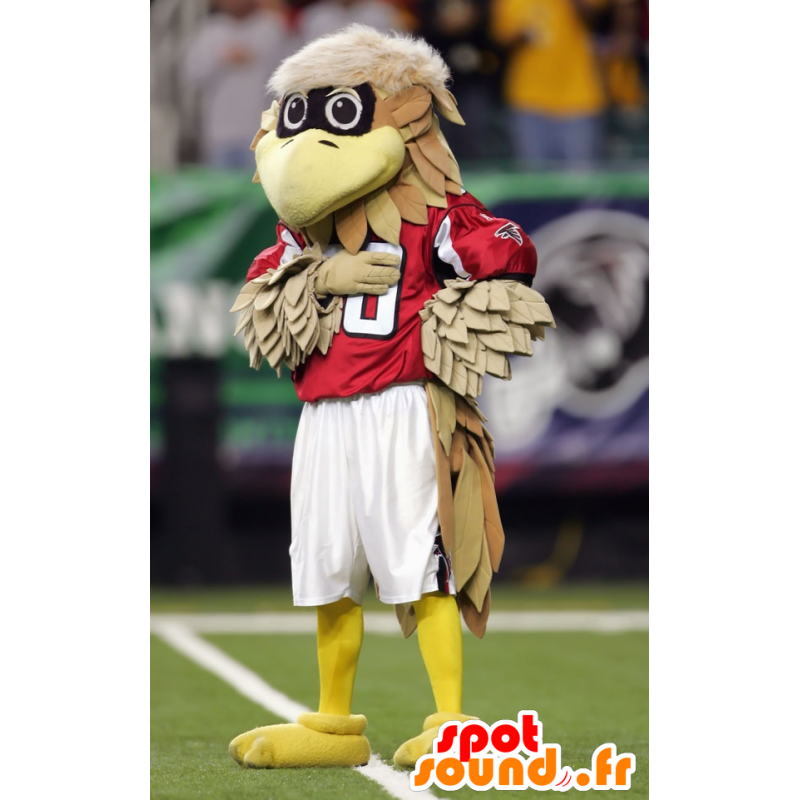 Mascotte d'oiseau marron et beige en tenue rouge - MASFR20669 - Mascotte d'oiseaux