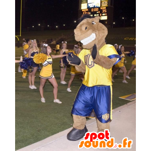 Brown horse mascot holding yellow and blue - MASFR20675 - Mascots horse