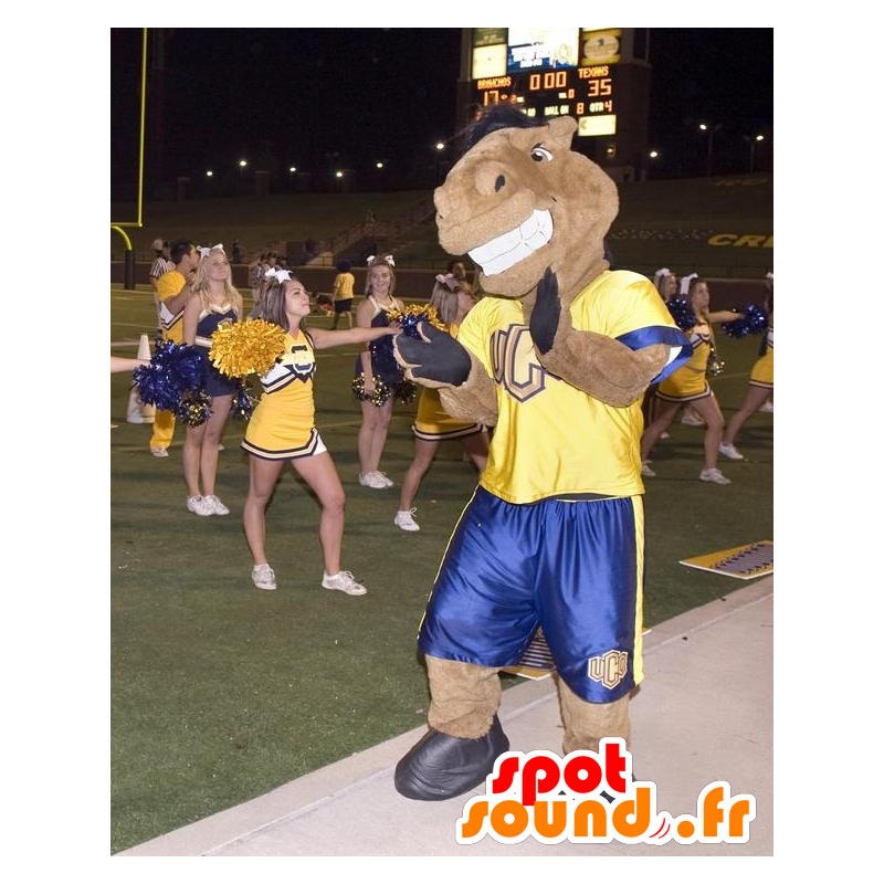 Brown horse mascot holding yellow and blue - MASFR20675 - Mascots horse Brown horse mascot holding yellow and blue - MASFR20675 - Mascots horse