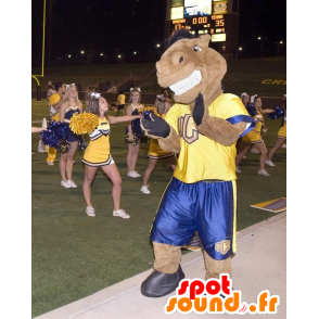Brown horse mascot holding yellow and blue - MASFR20675 - Mascots horse