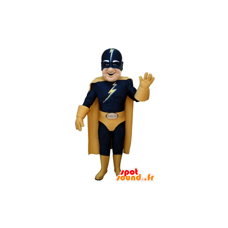 Mascote super-herói no equipamento azul e amarelo - MASFR20691 - super-herói mascote
