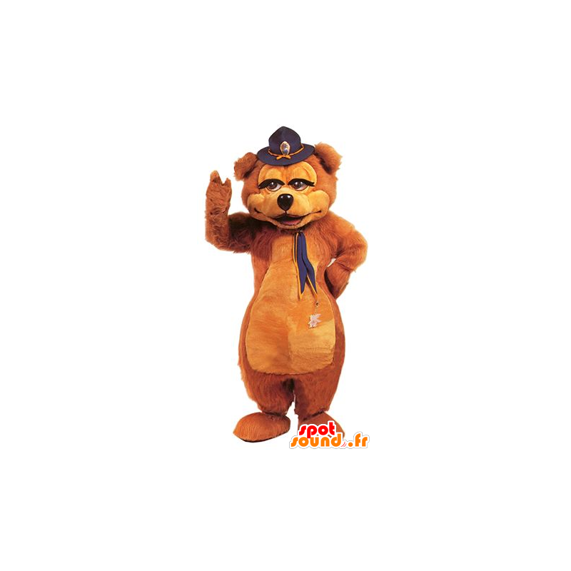 Brun björnmaskot med en hatt på huvudet - Spotsound maskot