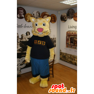 Mascote gato amarelo no equipamento azul e preto - MASFR20704 - Mascotes gato