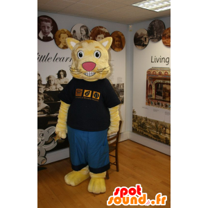 Yellow cat mascot in blue and black outfit - MASFR20704 - Cat mascots