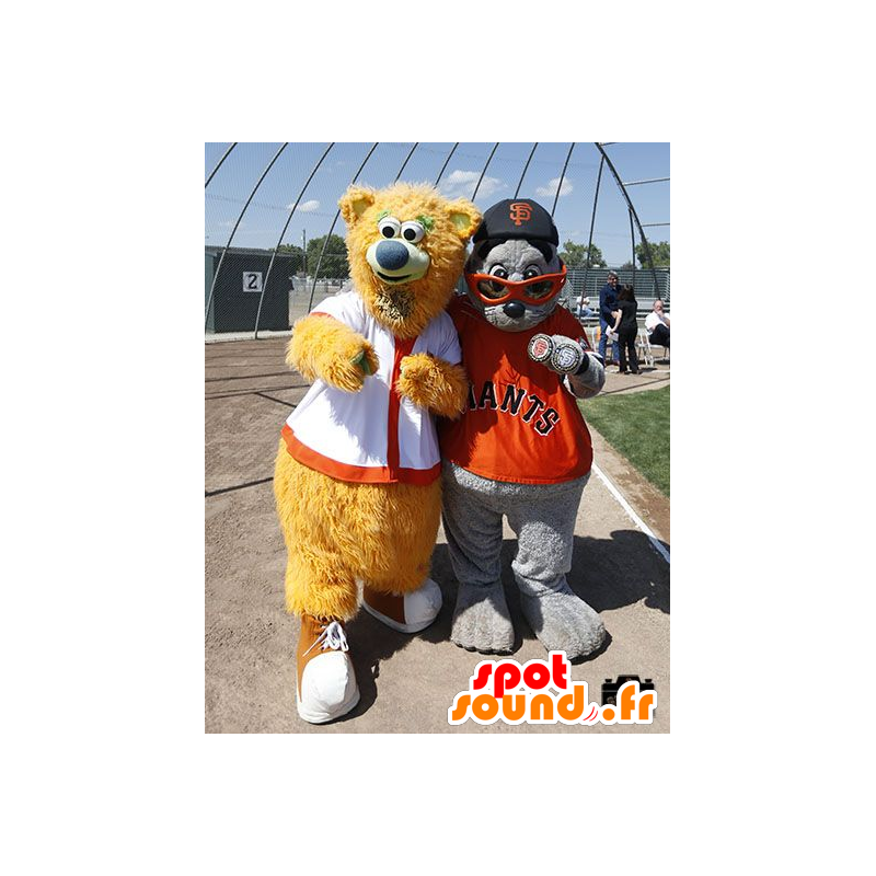 2 mascots: bear beige and gray sea lion - MASFR20714 - Bear mascot