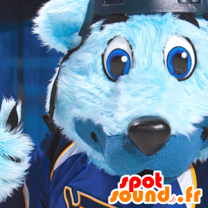 Blue bear mascot with blue eyes, in sportswear - MASFR20726 - Bear mascot