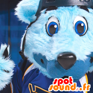 Mascotte d'ours bleu avec des yeux bleus, en tenue de sport - MASFR20726 - Mascotte d'ours