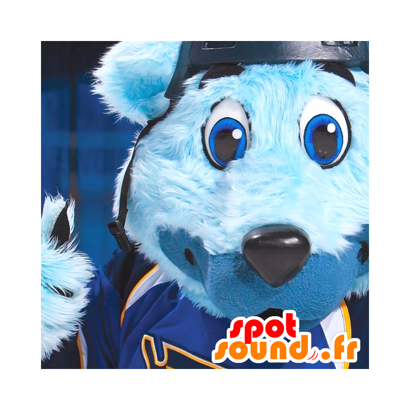 Blue bear mascot with blue eyes, in sportswear - MASFR20726 - Bear mascot
