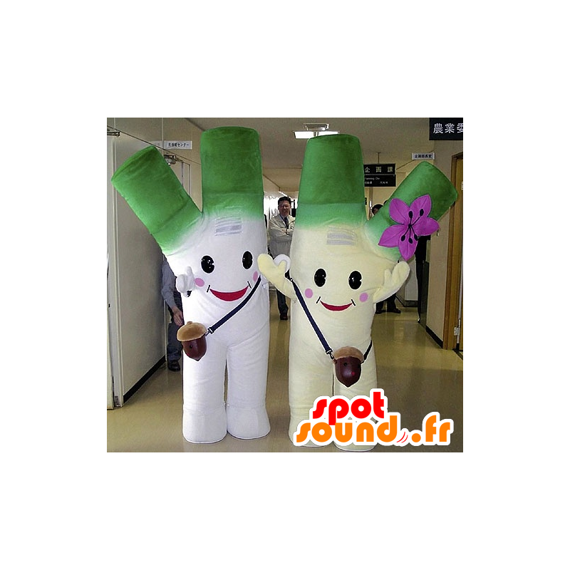 2 maskotteja giant purjosipuli, vihreä ja valkoinen - MASFR20730 - vihannes Mascot