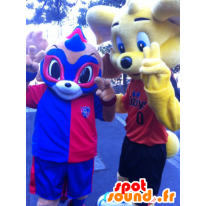 2 Haustiere: ein gelber Bär und ein versteckt Tier, blau und rot - MASFR20737 - Bär Maskottchen