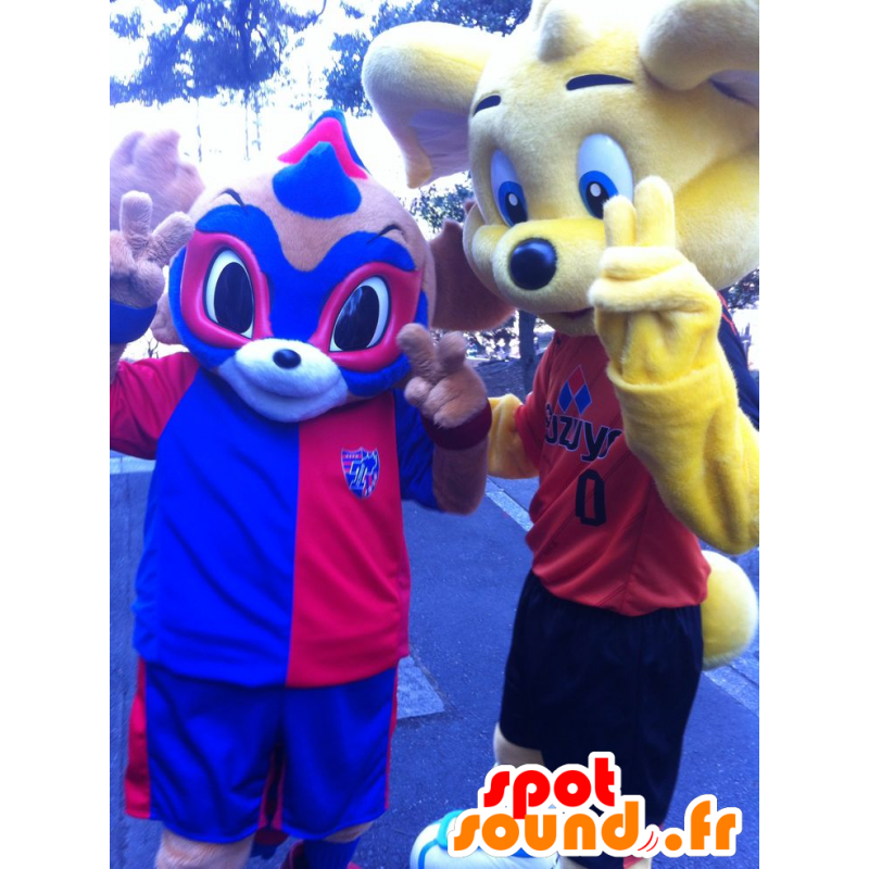 2 mascotas: un oso de color amarillo y un animal escondido, azul y rojo - MASFR20737 - Oso mascota