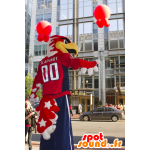 Mascotte d'aigle fier, rouge et blanc, en tenue bleue et rouge - MASFR20741 - Mascotte d'oiseaux