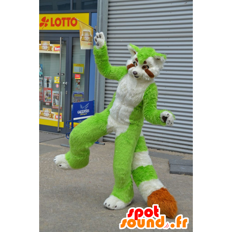 Mascotte de chat, de raton-laveur vert, blanc et orange - MASFR20750 - Mascottes de ratons