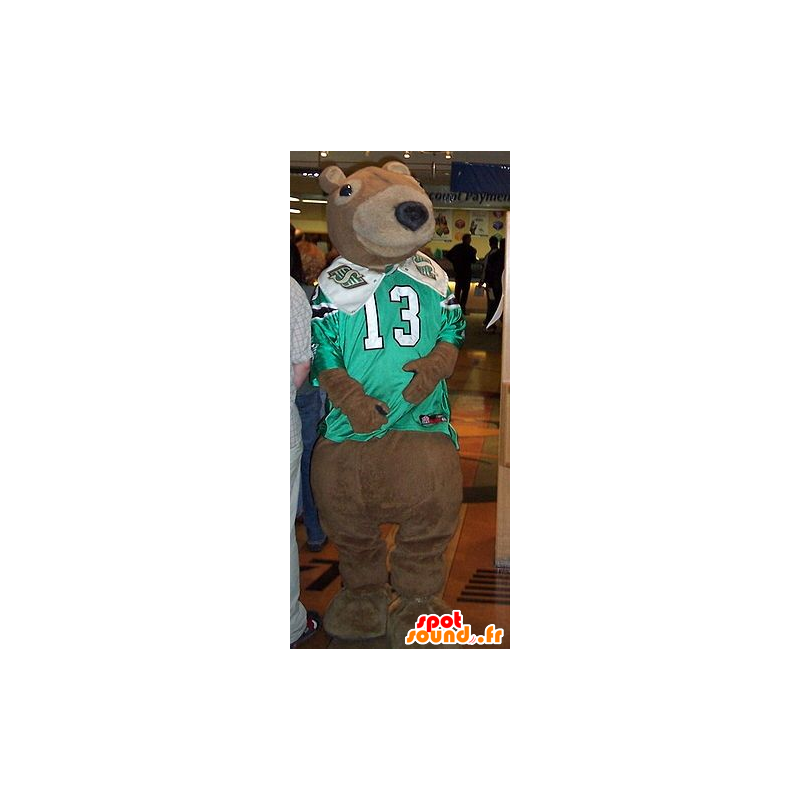 Mascotte d'ours brun avec un maillot de sport vert et blanc - MASFR20755 - Mascotte d'ours