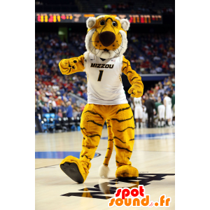 Gele tijger mascotte, wit en zwart - MASFR20757 - Tiger Mascottes