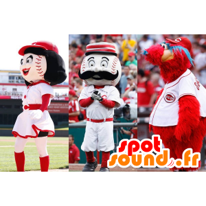 3 mascotte: 2 palle da baseball e un mostro rosso - MASFR20769 - Mascotte di mostri