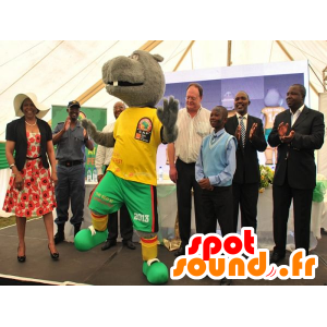 Grijze hippo mascotte houdt geel en groen - MASFR20782 - Hippo Mascottes