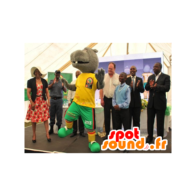 Grijze hippo mascotte houdt geel en groen - MASFR20782 - Hippo Mascottes Grijze hippo mascotte houdt geel en groen - MASFR20782 - Hippo Mascottes