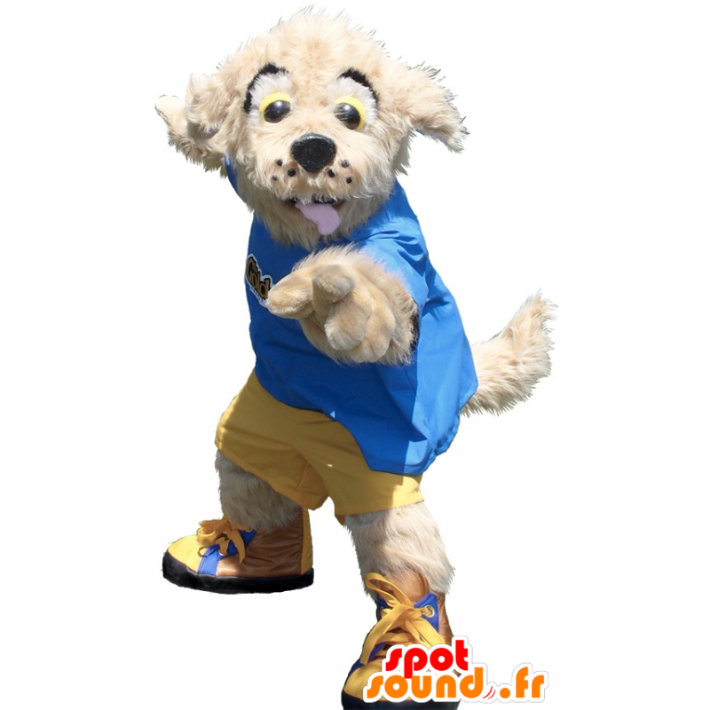 Beige dog mascot holding yellow and blue - MASFR20783 - Dog mascots