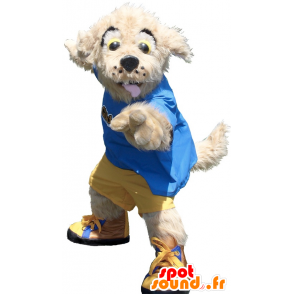 Beige dog mascot holding yellow and blue - MASFR20783 - Dog mascots