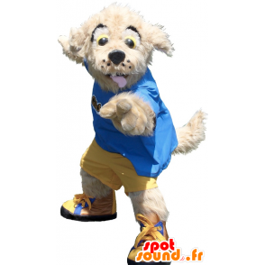 Mascotte de chien beige en tenue jaune et bleue - MASFR20783 - Mascottes de chien