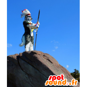 Gray wolf dog mascot and white with an Indian headdress - MASFR20796 - Mascots Wolf