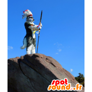 Gray wolf dog mascot and white with an Indian headdress - MASFR20796 - Mascots Wolf