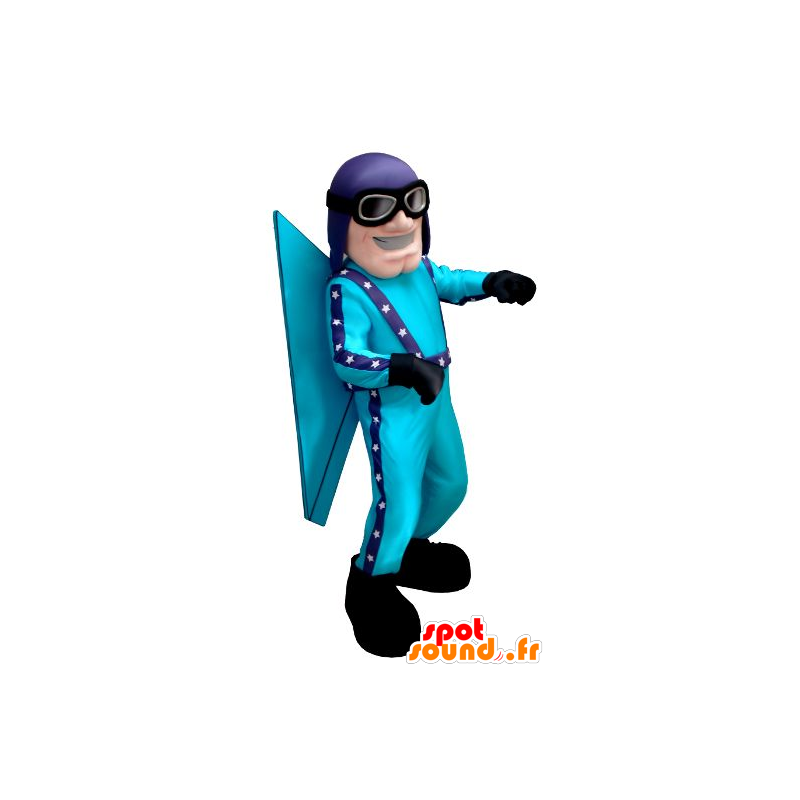 Mascot aviador azul, com um capacete e óculos de proteção - MASFR20821 - Mascotes humanos