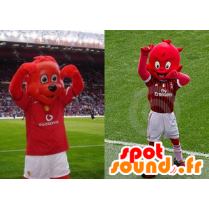 2 maskotar: en röd björn och en röd imp - Spotsound maskot