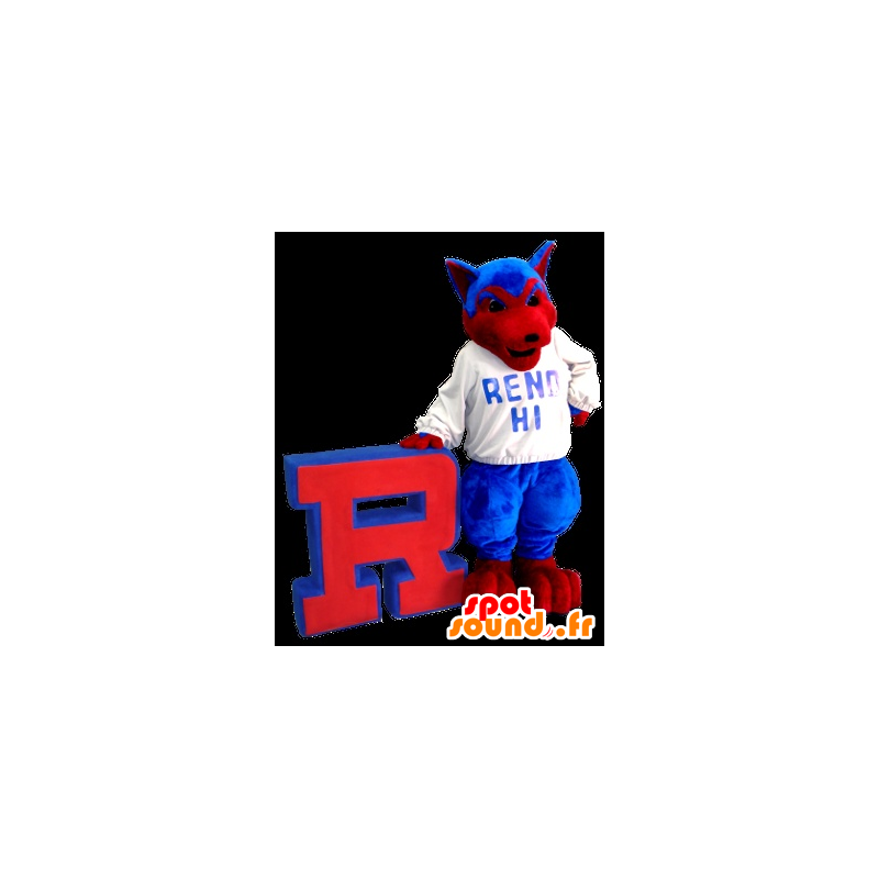 Mascotte de chien, de loup, bleu et rouge - MASFR20844 - Mascottes Loup Mascotte de chien, de loup, bleu et rouge - MASFR20844 - Mascottes Loup