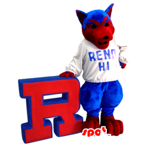 Cão mascote lobo, azul e vermelho - MASFR20844 - lobo Mascotes