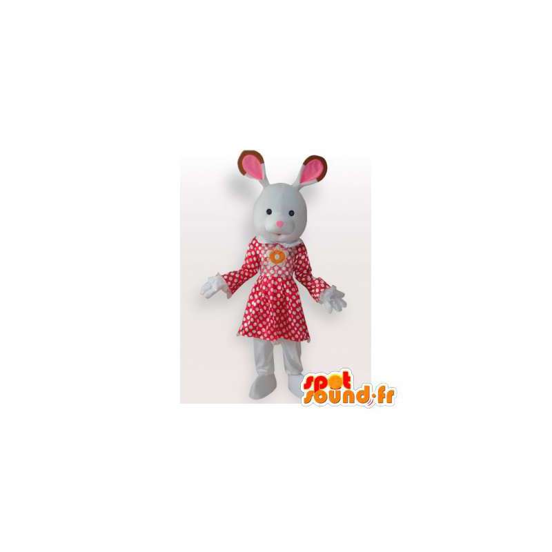 Mascotte de lapin blanche en robe à pois - MASFR006438 - Mascotte de lapins