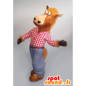 Mascote do cavalo marrom com uma camisa xadrez e calça jeans - MASFR20918 - mascotes cavalo