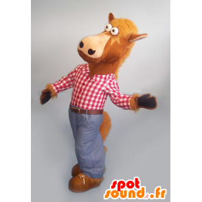 Brown-Pferd Maskottchen mit einem karierten Hemd und Jeans - MASFR20918 - Maskottchen-Pferd