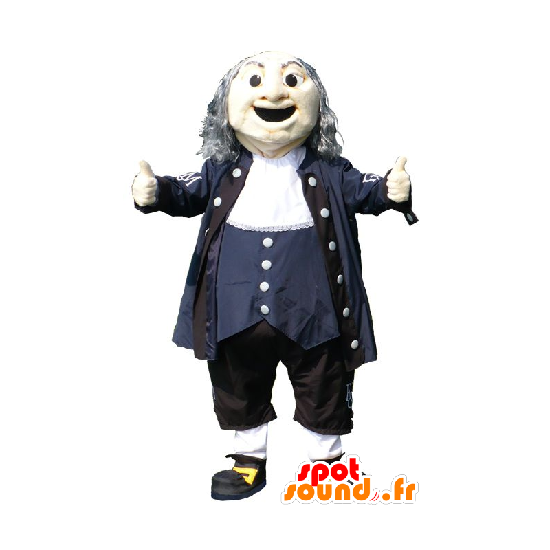 Old Man Mascot, vestido de preto, branco e azul - MASFR20953 - Mascotes homem