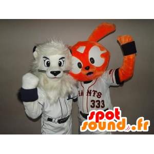 2 maskotter: en hvid løve og en orange kanin - Spotsound maskot