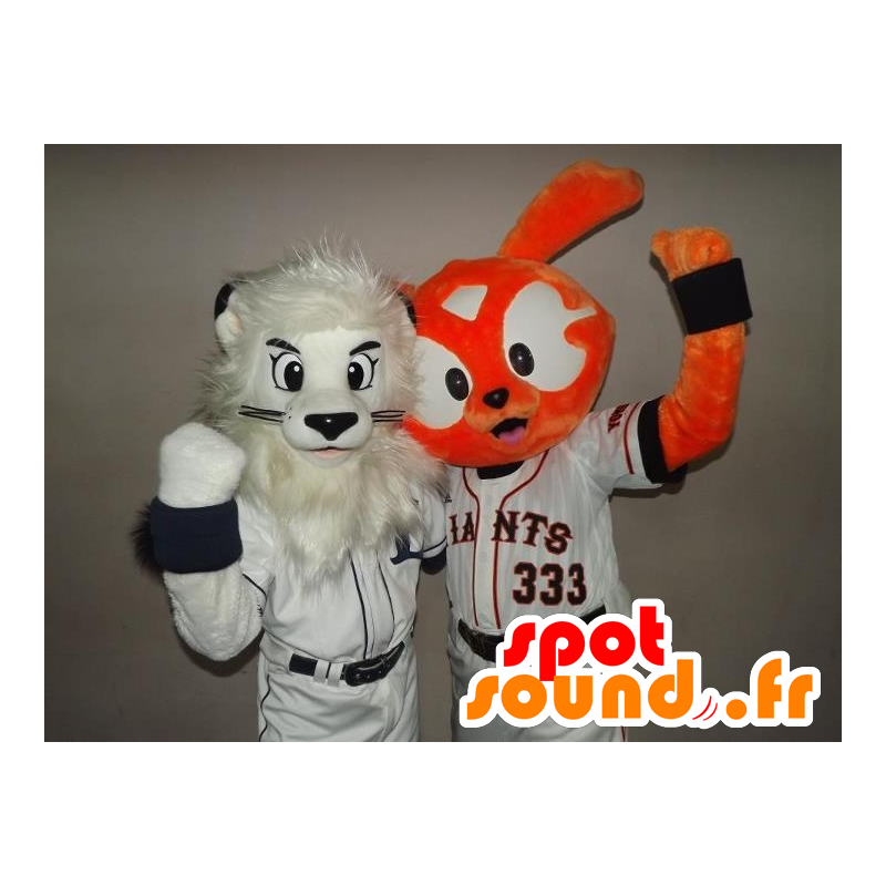 2 pets: a white lion and a rabbit orange - MASFR20965 - Lion mascots