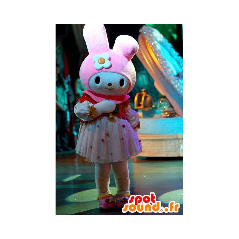 Mascotte pink and white rabbit, very feminine - MASFR20966 - Rabbit mascot