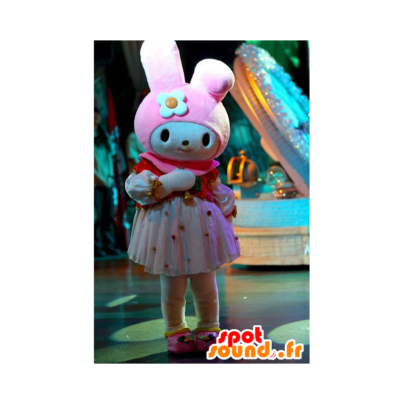 Mascotte rosa y conejo blanco, muy femenina - MASFR20966 - Mascota de conejo