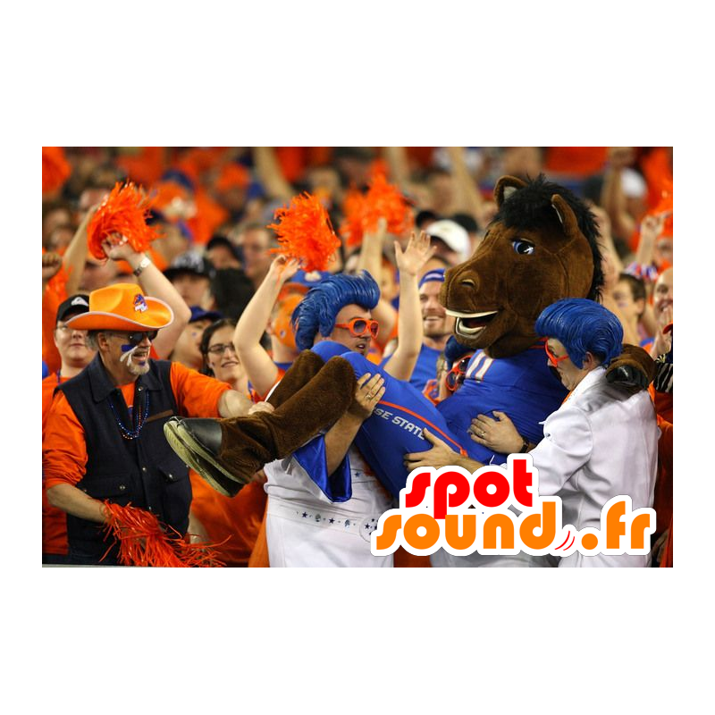 Brown horse mascot in blue outfit - MASFR20969 - Mascots horse