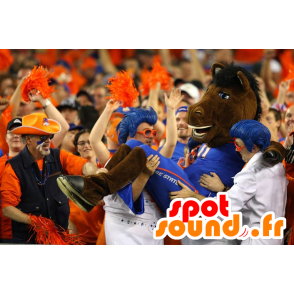 Hest maskot brun, blå avholdt - MASFR20969 - hest maskoter