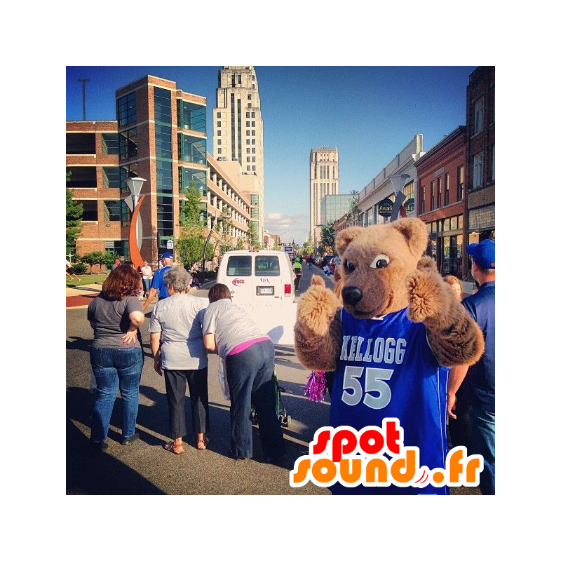 Beige bear mascot with a blue jersey - MASFR20975 - Bear mascot