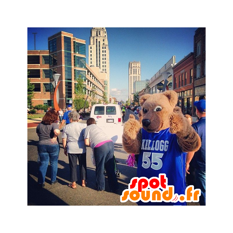 Beige beer mascotte met een blauwe trui - MASFR20975 - Bear Mascot