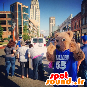 Beige bear mascot with a blue jersey - MASFR20975 - Bear mascot