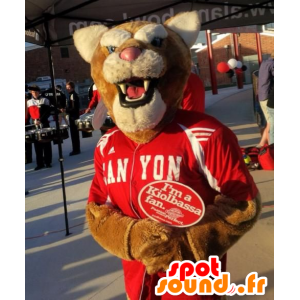 Mascot marrom e tigre branco segurando esporte vermelho - MASFR20979 - Tiger Mascotes