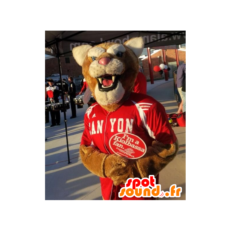 Brun og hvid tigermaskot i rødt sportstøj - Spotsound maskot Brun og hvid tigermaskot i rødt sportstøj - Spotsound maskot