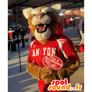 Brun og hvid tigermaskot i rødt sportstøj - Spotsound maskot
