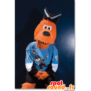 2 mascottes : un chien orange et un garçon, vacancier - MASFR20985 - Mascottes de chien