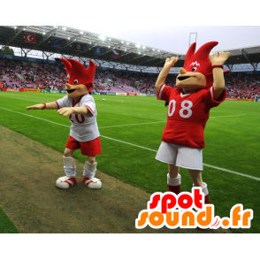 2 mascotas de rojo y blanco de la Eurocopa 2008 - Trix y Flix - MASFR20992 - Mascota de deportes